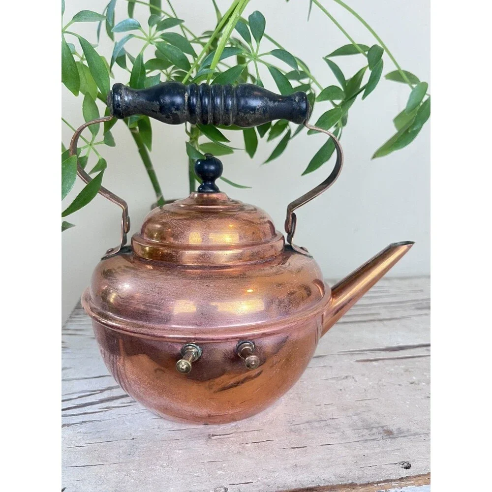Vintage Small Copper Tea Kettle With Wood Handle Cottage Core 8” x 6” Country